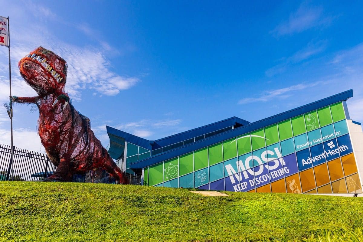 An inflatable dinosaur outside the entrance to MOSI.