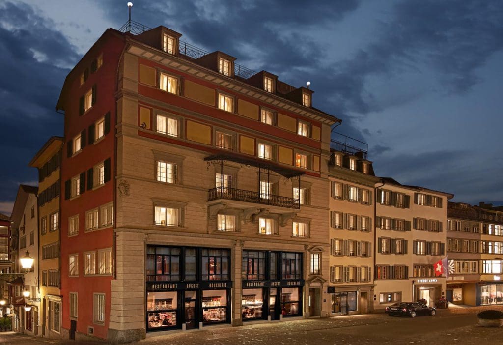The exterior of Widder Hotel at night.