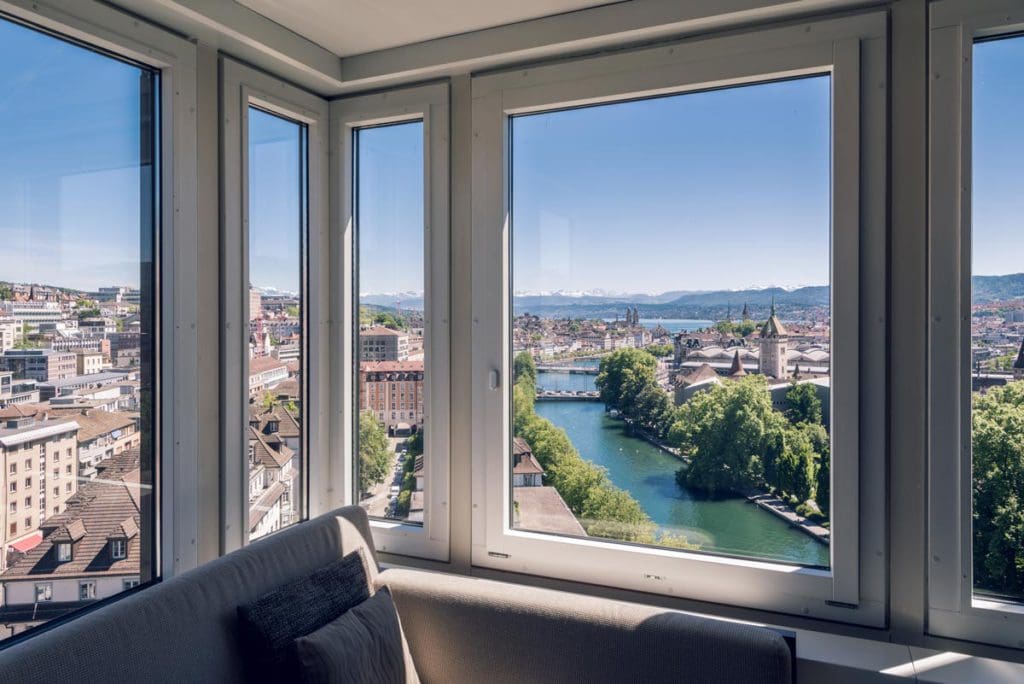 A great view of Zurich and the water from Zurich Marriott Hotel.