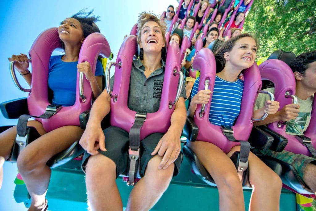 Several people ride a roller coaster at Dorney Park.