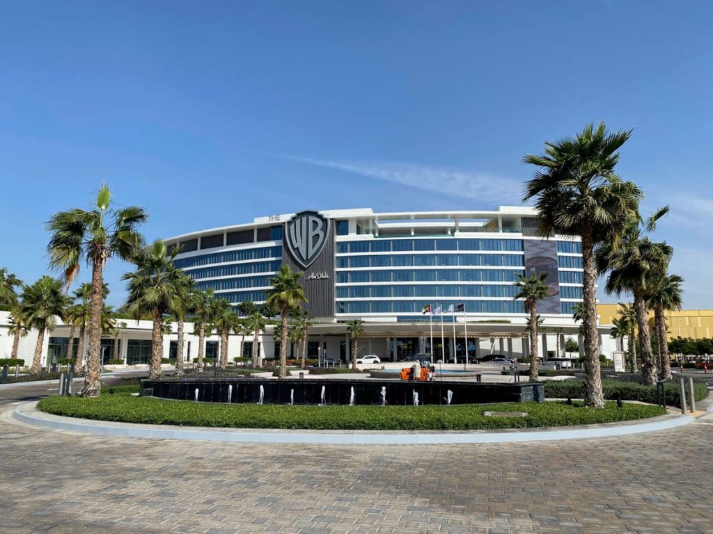 The exterior entrance to WB Abu Dhabi, Curio Collection by Hilton, the best place to stay during your family trip to Yas Island in Abu Dhabi.