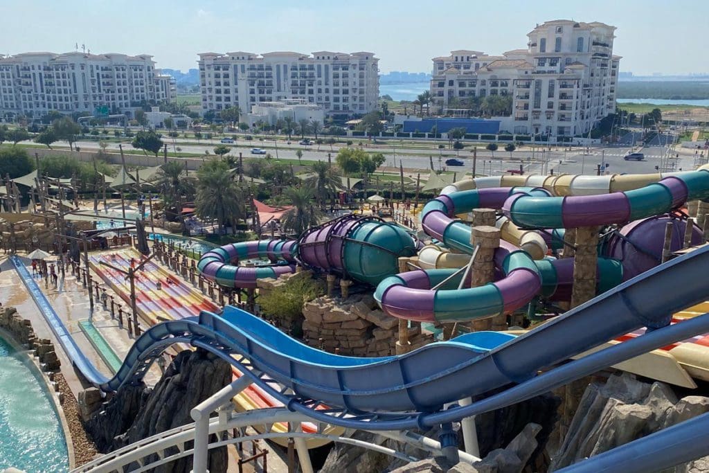 A view of waterslides at Yas Waterpark on Yas Island, a must visit on any family trip to Yas Island in Abu Dhabi.