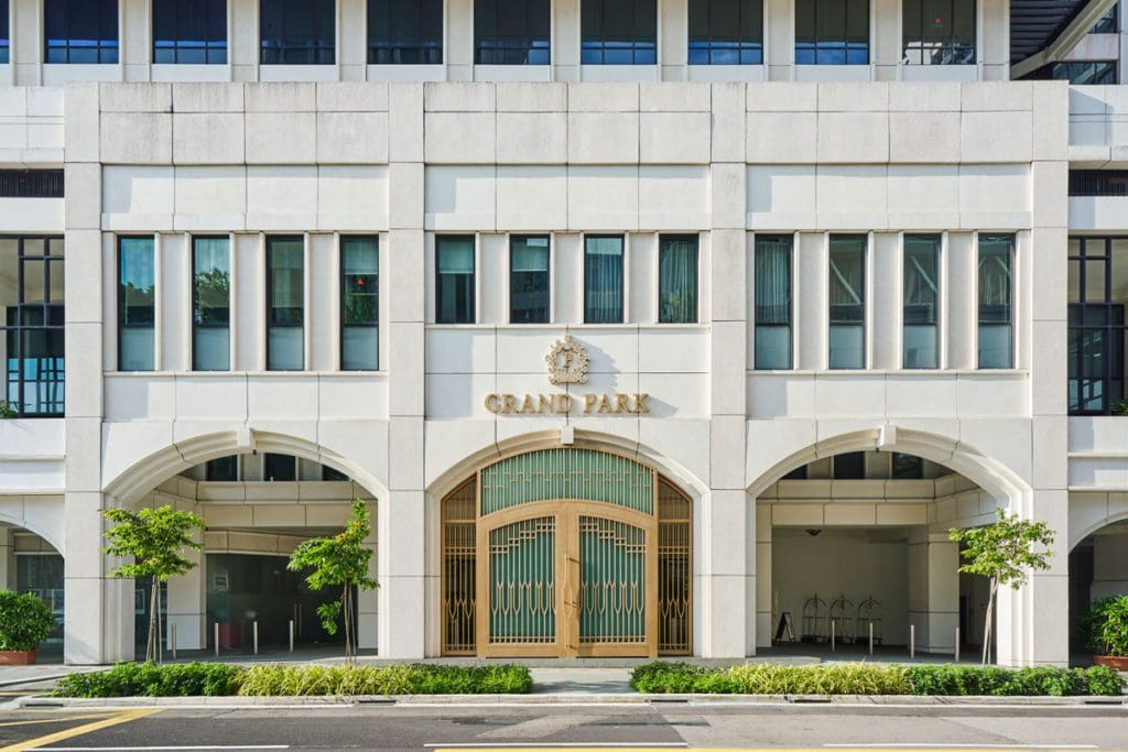The entrance to Grand Park City Hall in Singapore.