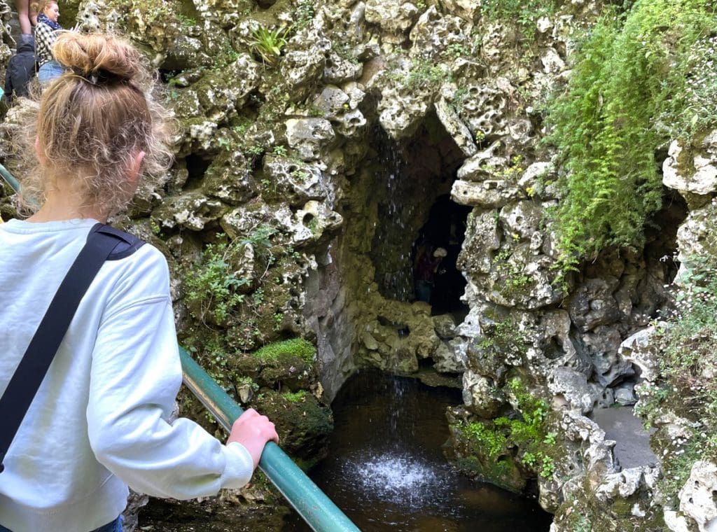 A young girl looks at flowers at a garden in SIntra.