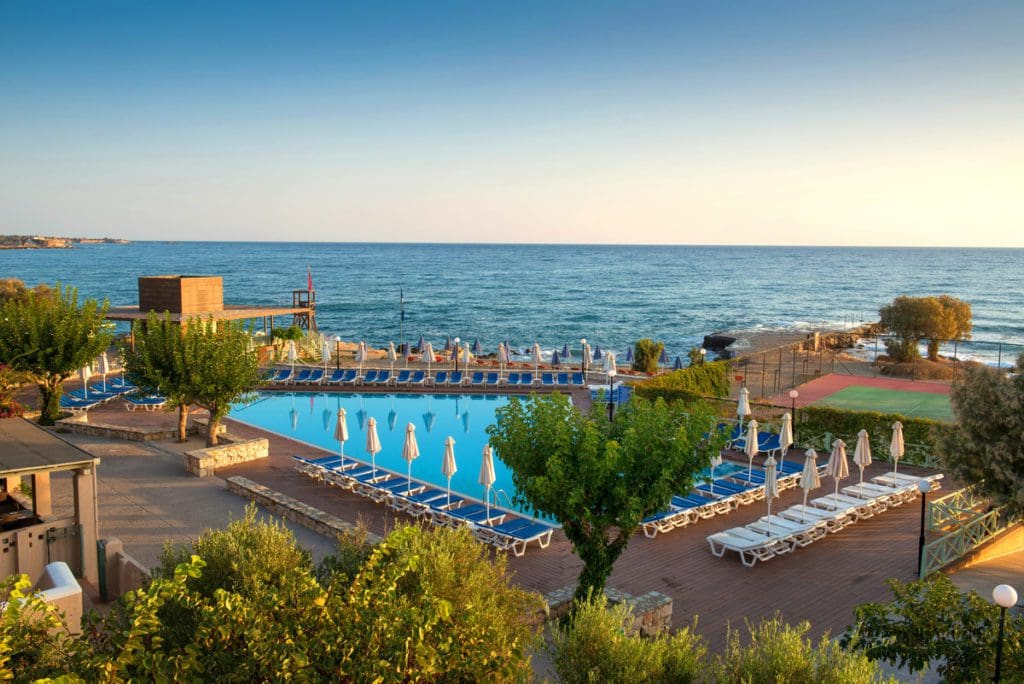 The oceanside pool at Silva Beach Resort, one of the best all-inclusive hotels in Greece for families.