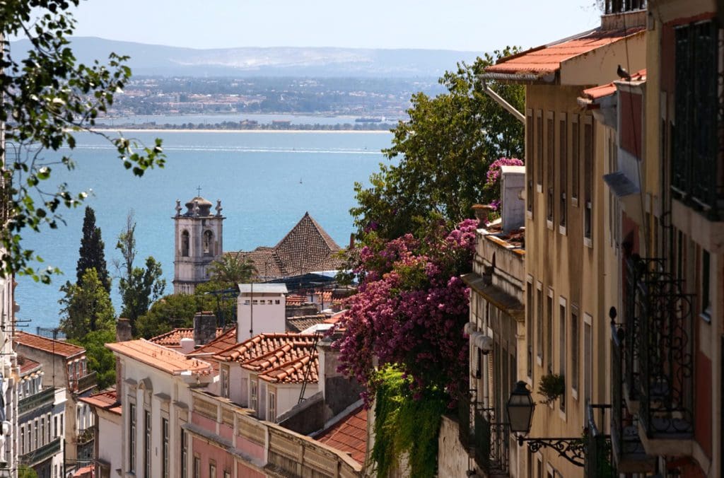 A view down a historic street in Lisbon.