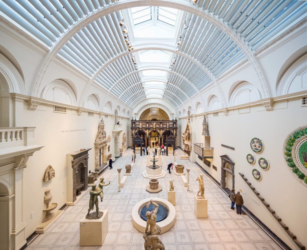 Inside one of the large galleries of statues at The Victoria and Albert Museum, one of the best museums in London for kids.