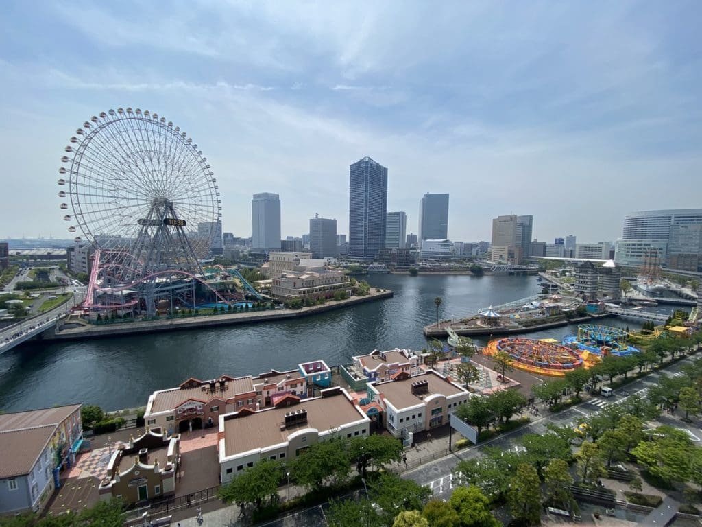 An aerial view of Yokohama CosmoWorld, a must-stop on any Tokyo itinerary with kids.