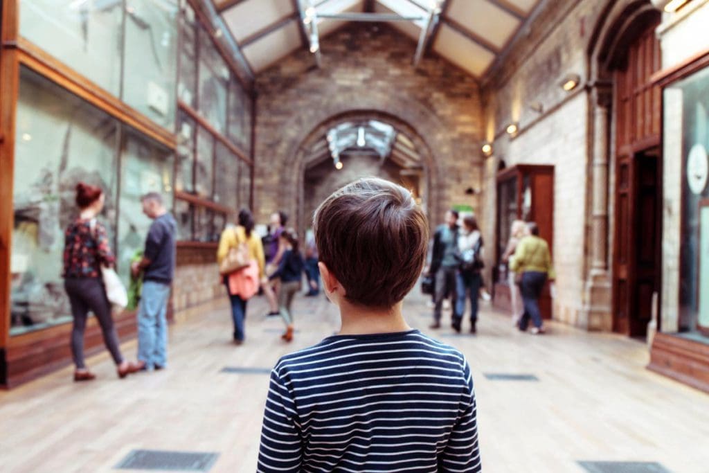 A young boy looks down a gallery hall at the Natural History Museum in London.