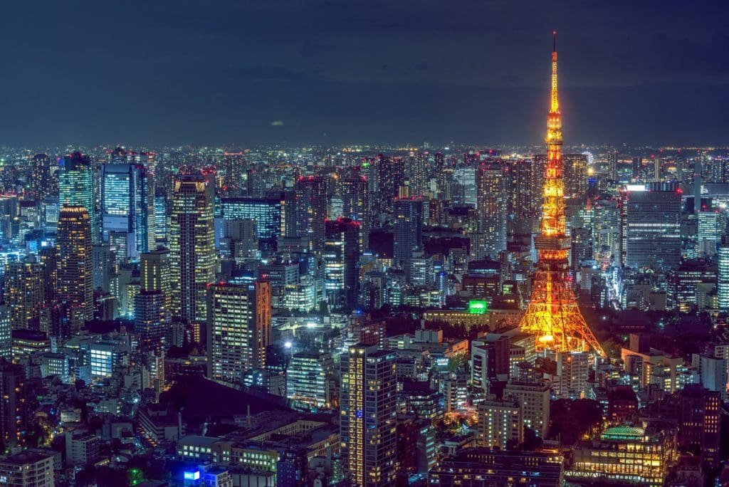 An aerial view of downtown Tokyo at night.