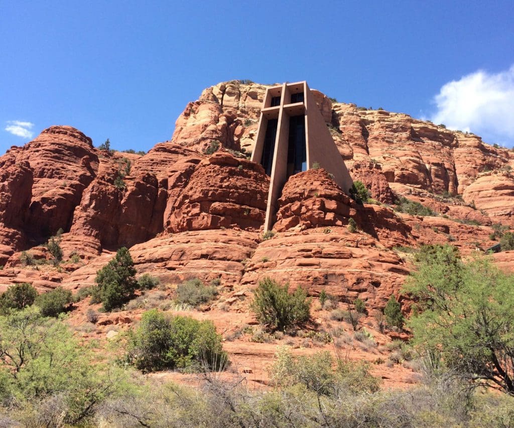 A view of Holy Cross at the top of the iconic red rocks of Sedona.