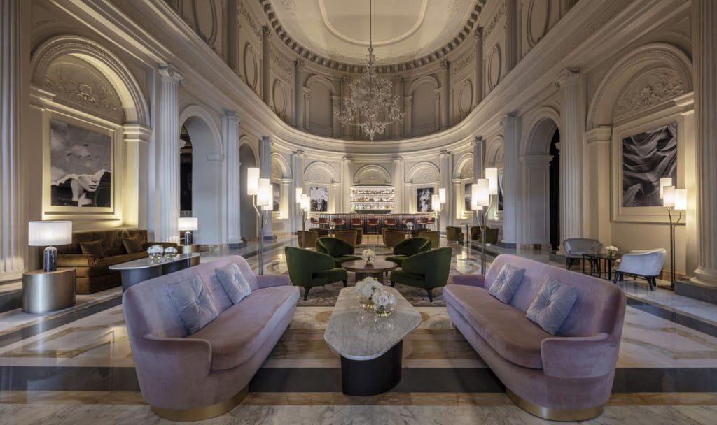 Inside the stunning lobby of Anantara Palazzo Naiadi Rome Hotel.