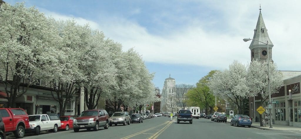 A charming street in Great Barrington, with a large church, and trees in full bloom.