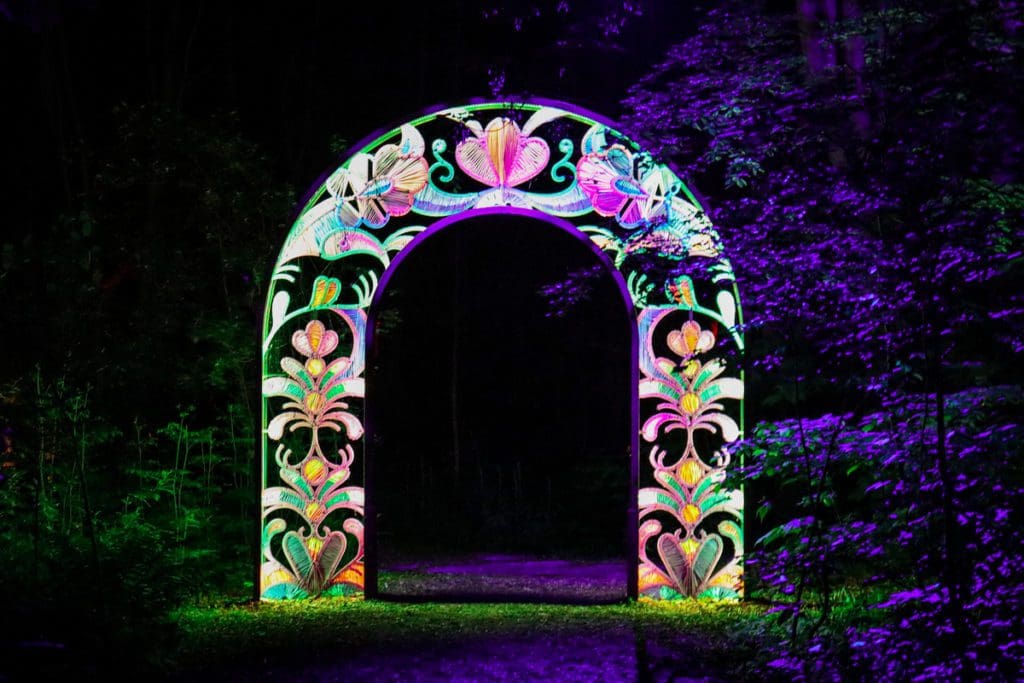 The brightly colored entrance arch to Onhwa' Lumina, a must do on any Quebec City itinerary with kids.