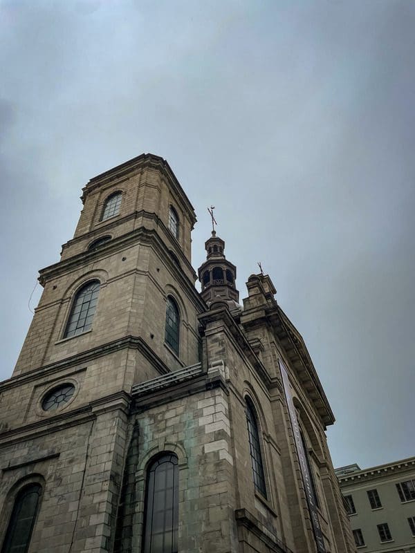 A view of the steeple architecture at Basilique-cathédrale Notre-Dame de Québec.