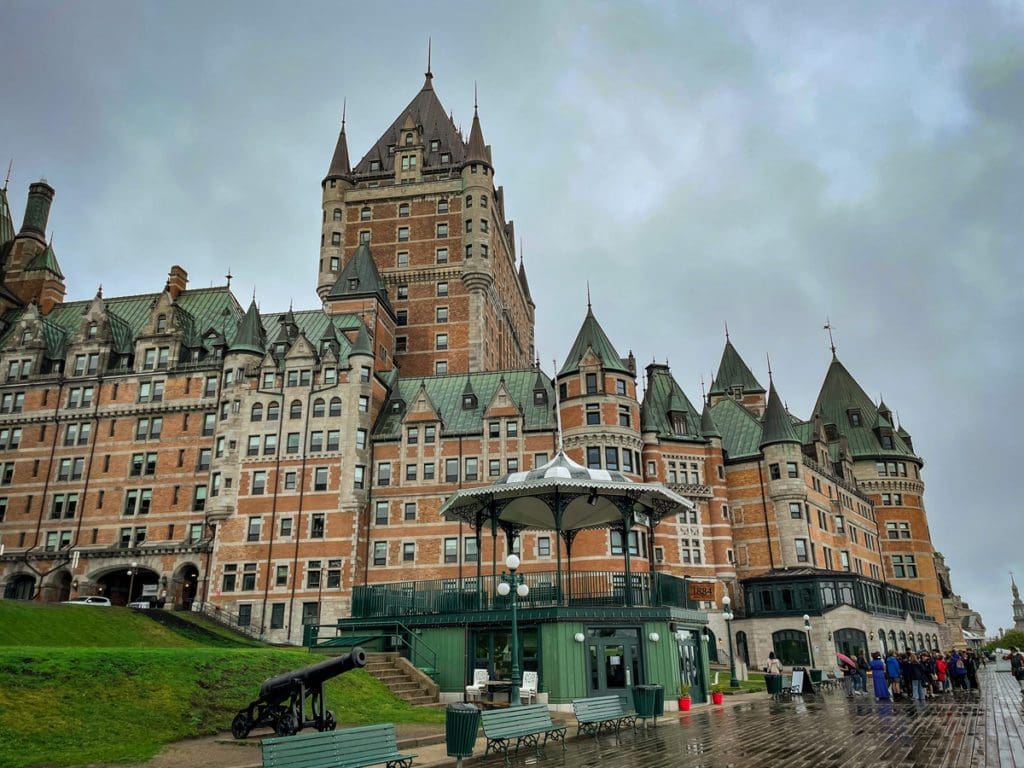 A view of Château Frontenac on a rainy day, a must see on any Quebec City itinerary with kids.