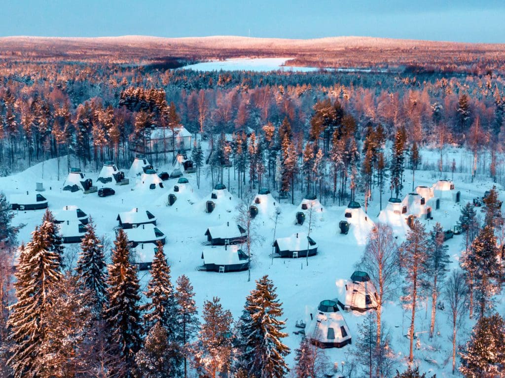 An aerial view of the lodges at Apukka Resort in the winter.