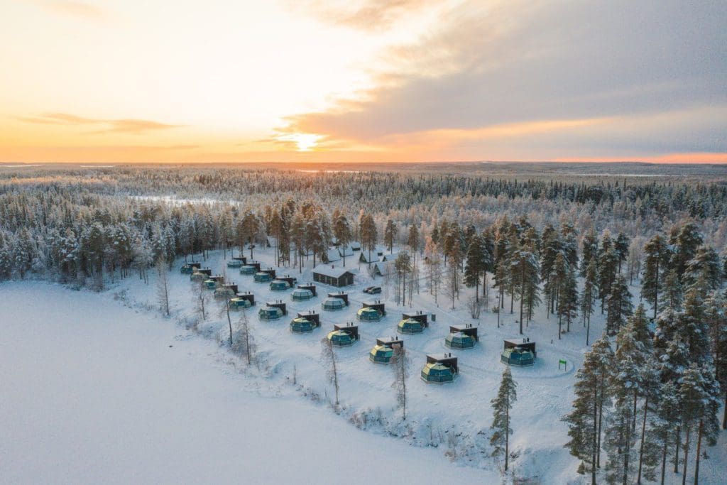 An aerial view of Arctic Fox Igloos, ones of the best hotels in Finland for families.