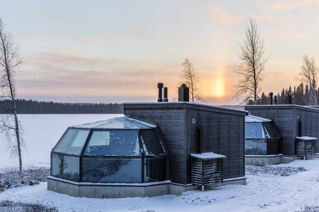 One of the igloos at Arctic Fox Igloos at dusk.