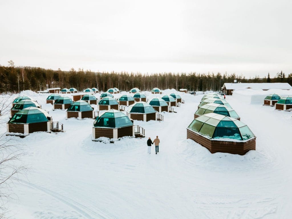 An aerial view of the glass igloos at Arctic SnowHotel & Glass Igloo.