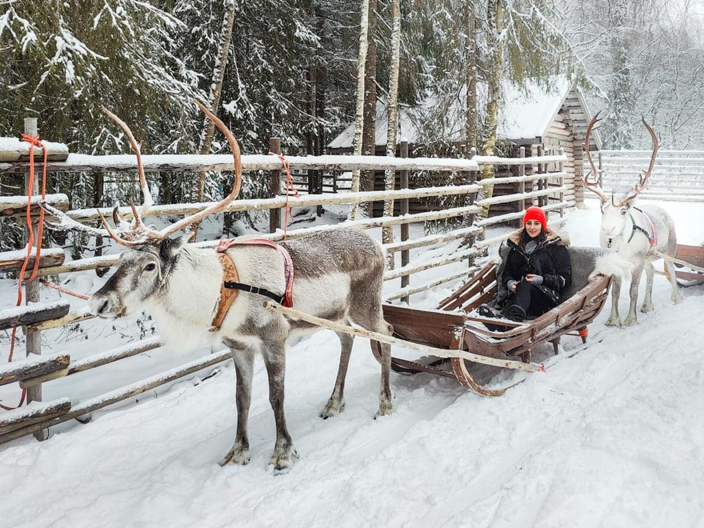 A man sits in a sled pulled by a reindeer, while staying at Arctic SnowHotel & Glass Igloo, one of the best Finland hotels for families.