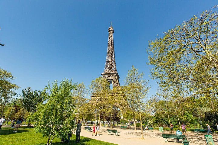 The Eiffel Tower on a sunny day.