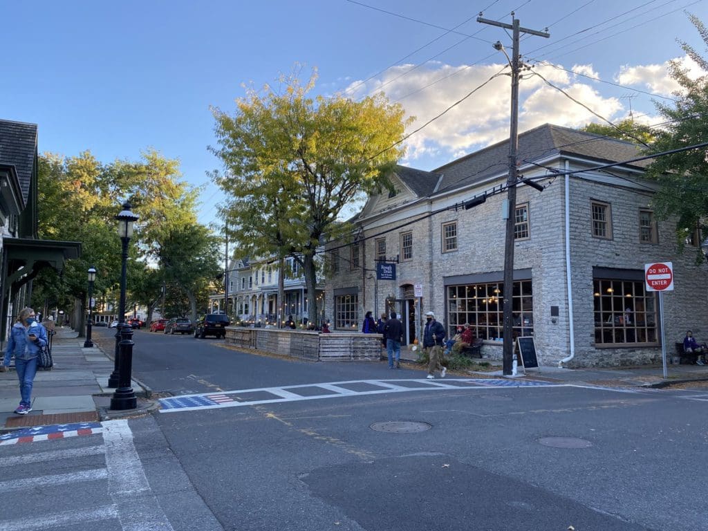 A charming street in Rhinebeck, New York, with people window shopping, one of the best cute towns near NYC with kids.