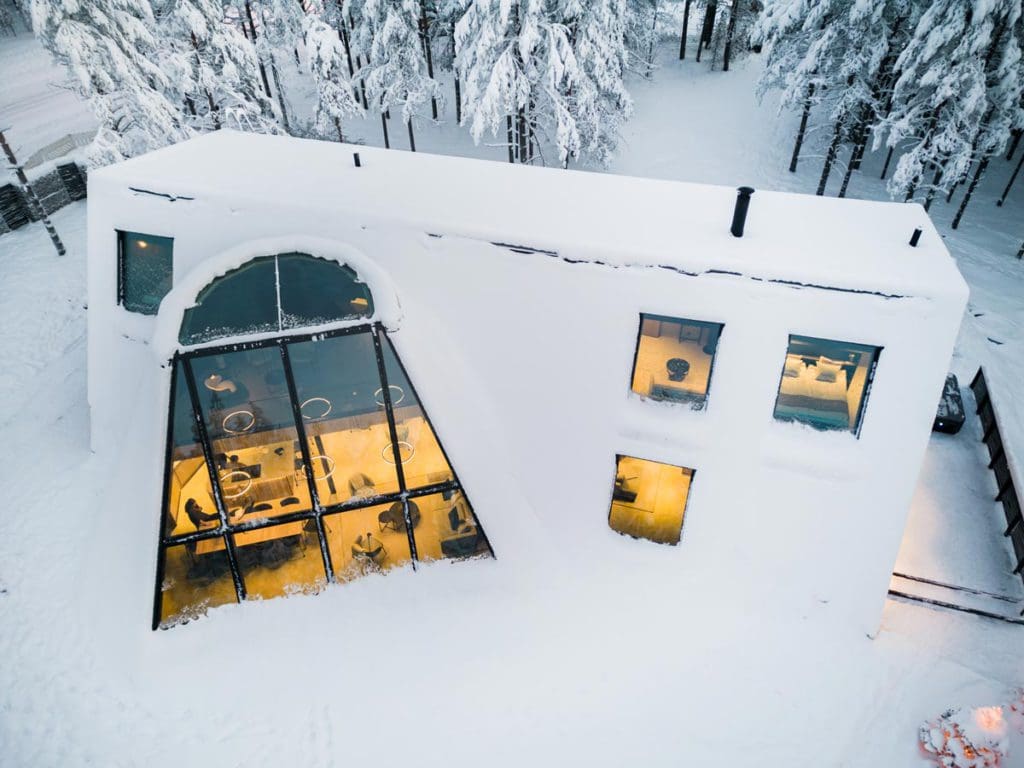An aerial view of one of the cabins at Glass Resort, one of the best Finland hotels for families.