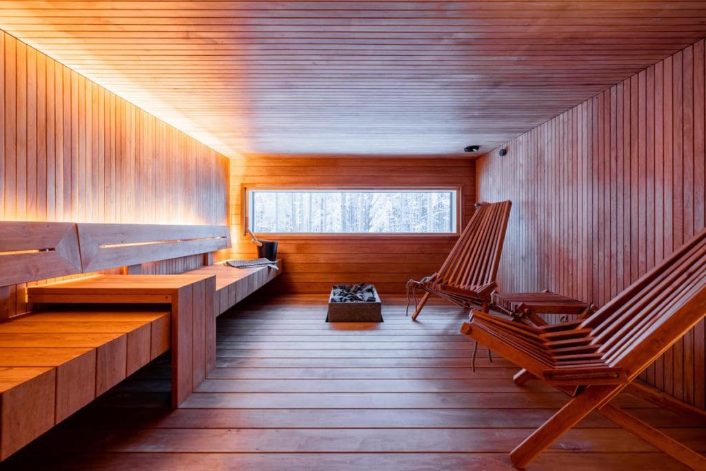 Inside the sauna at Glass Resort, one of the best Finland hotels for families.
