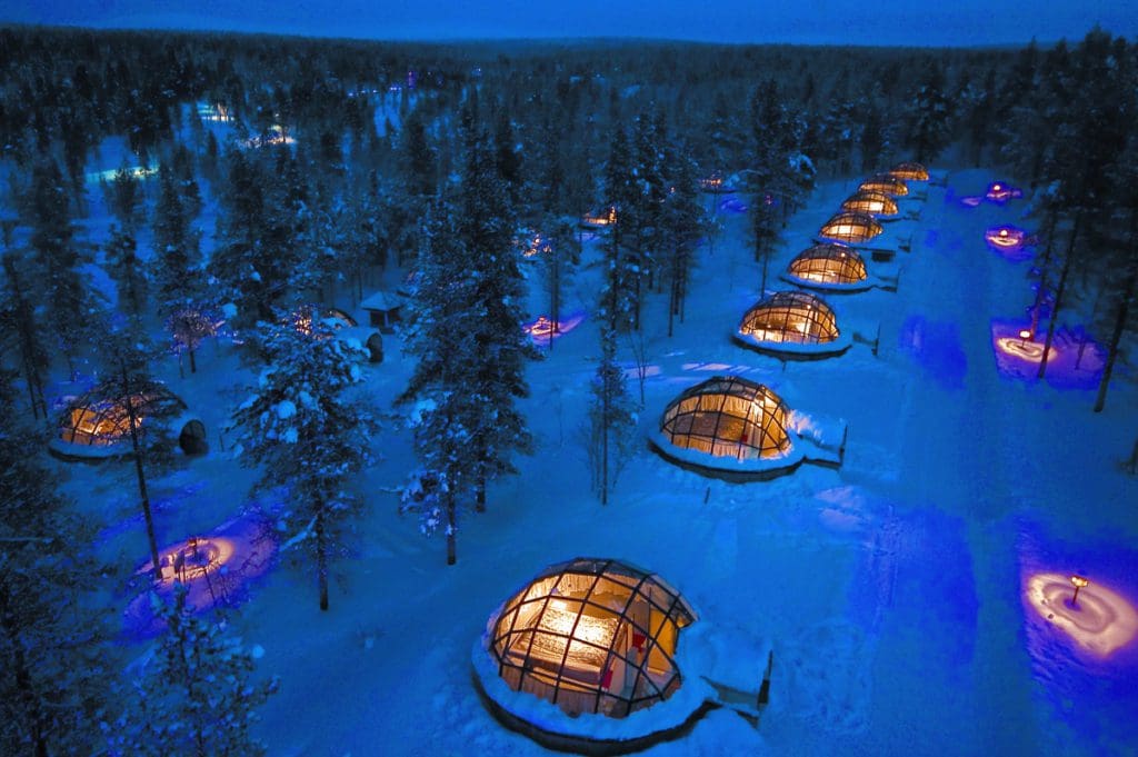 An aerial view of the glass igloo accommodations at Kakslauttanen Arctic Resort.