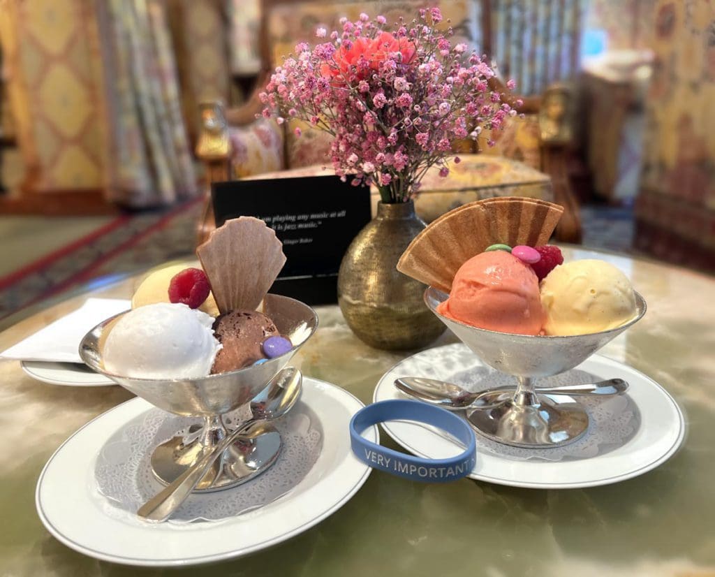 Two bowls of ice cream on a table at Kulm Hotel.