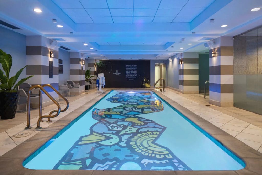 The colorful indoor pool at Renaissance Philadelphia Downtown Hotel.