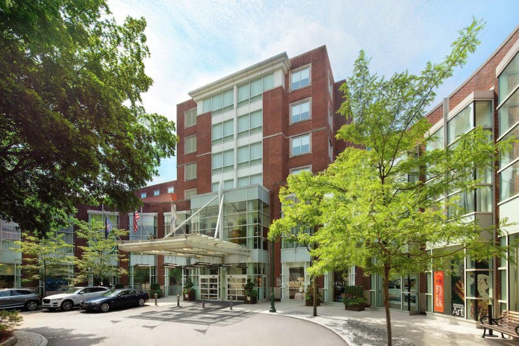 The exterior entrance to The Inn at Penn, a Hilton Hotel.