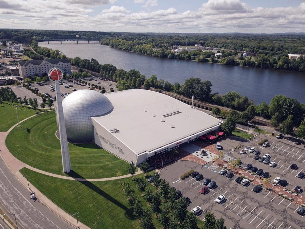 An aerial view of The Naismith Memorial Basketball Hall of Fame.
