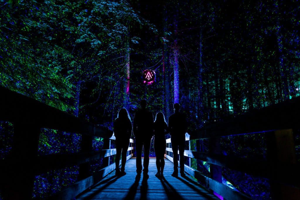 A family of four walks along a path at Vallea Lumina Tour, one of the best things to do in Whistler with kids this summer.