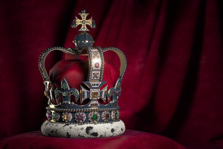 A gilded crown sits on display in London.