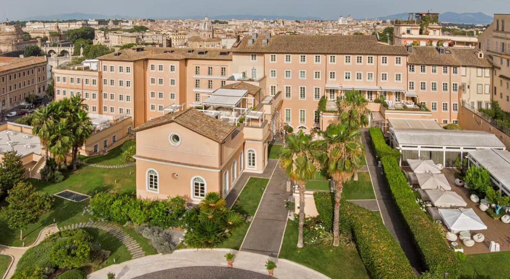 An aerial view of the exterior and grounds to Villa Agrippina Gran Meliá, one of the best Rome hotels for families.