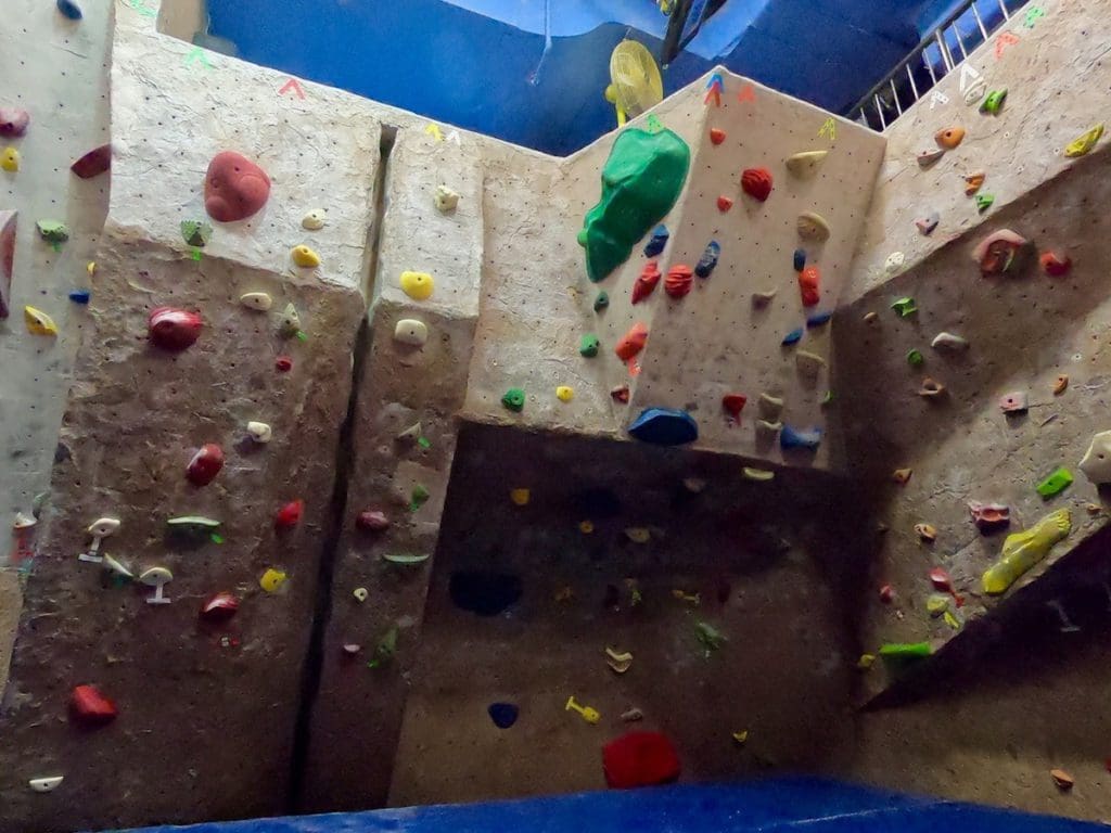 An indoor bouldering wall at The Core.