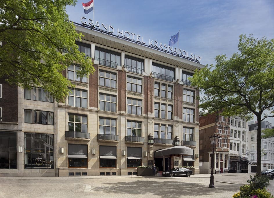 The exterior facade to Anantara Grand Hotel Krasnapolsky Amsterdam.