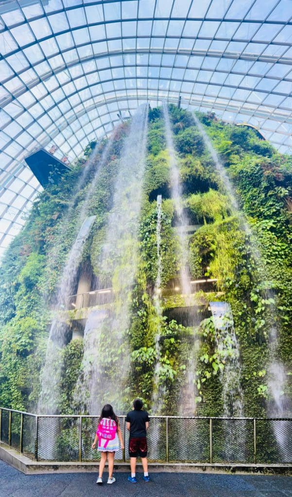 An indoor waterfall at Gardens by the Bay in Singapore.