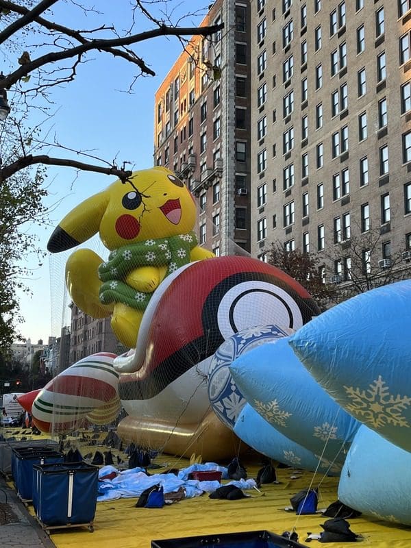 A Pokemon parade balloon is under the nets at a pre-Marcy's Day Parade event.
