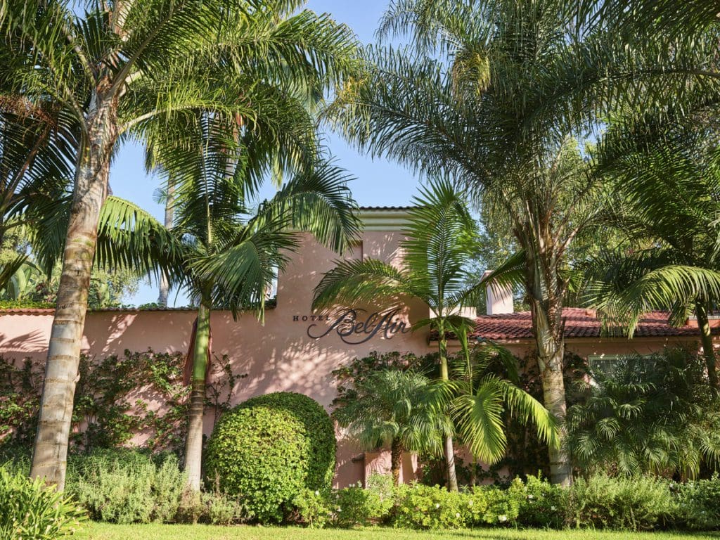 The lush entrance to Hotel Bel-Air, one of the best hotels in Los Angeles for families.