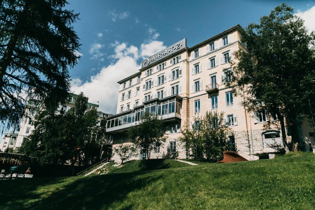 The exterior entrance to Hotel Saratz, one of the best hotels near St. Moritz for families.