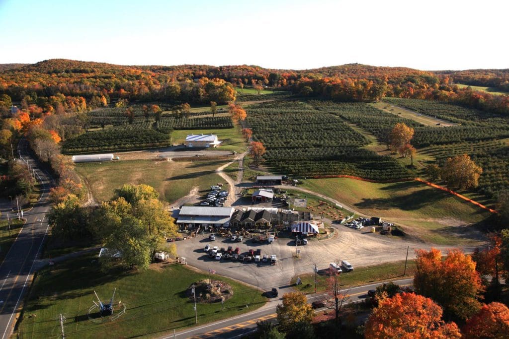 An aerial view of Pennings Orchard & Cidery in the fall.