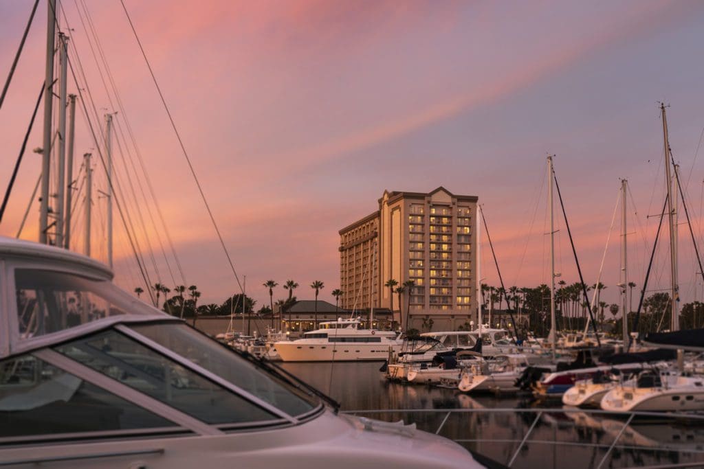 The Ritz-Carlton, Marina del Rey, across the marina at dusk.