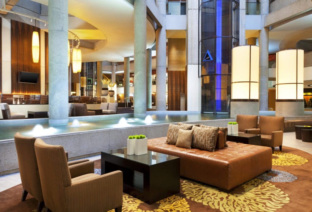 Inside the lobby of The Westin Bonaventure Hotel & Suites, Los Angeles, one of the best hotels in Los Angeles for families.
