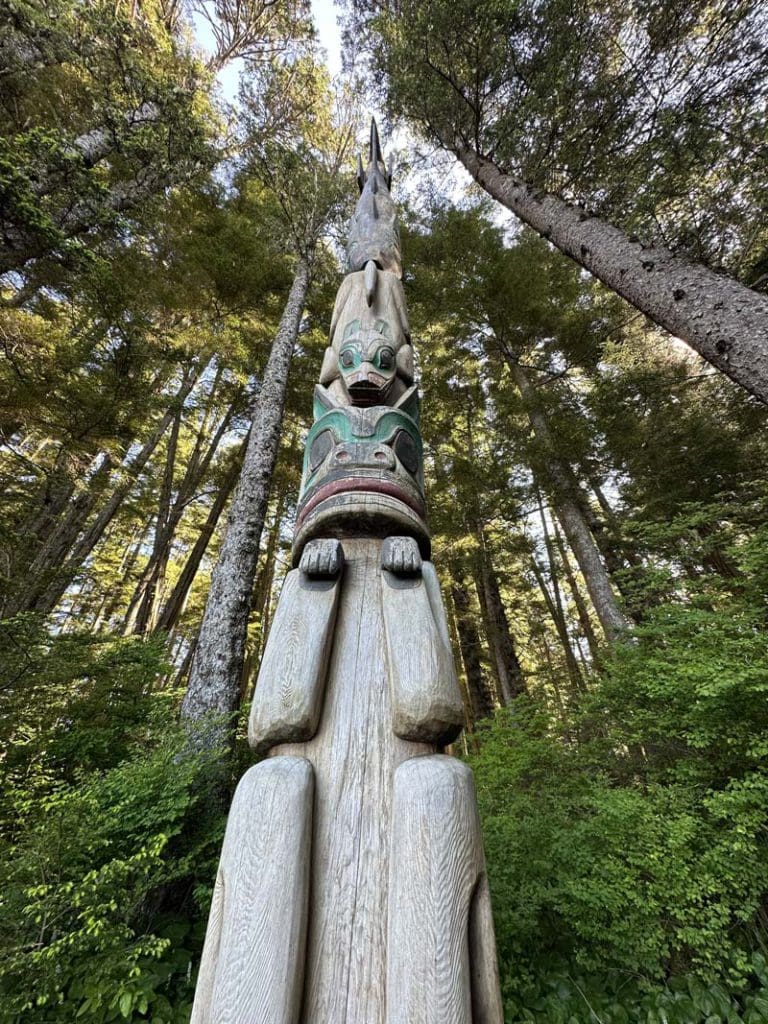 A totem pole on display at Sitka National Historic Area.