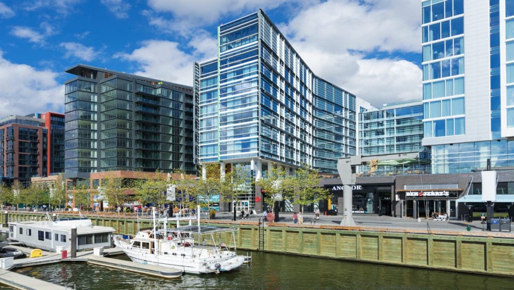 The exterior entrance to Hyatt House Washington DC/The Wharf, near the marina.