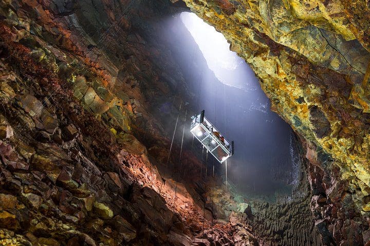 An elevator makes its way down a cavern, as experienced on a Inside the Volcano: Small Group Thrihnukagigur Hike and Tour from Reykjavik, one of the best Iceland tours with kids.