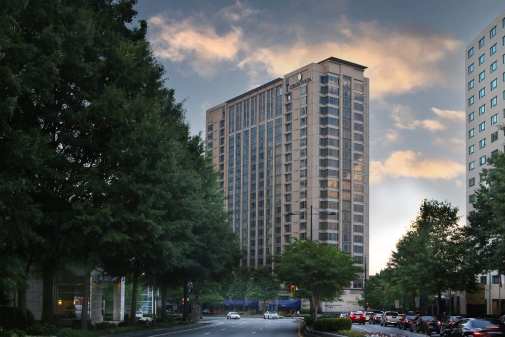 InterContinental Buckhead Atlanta exterior view at dusk.